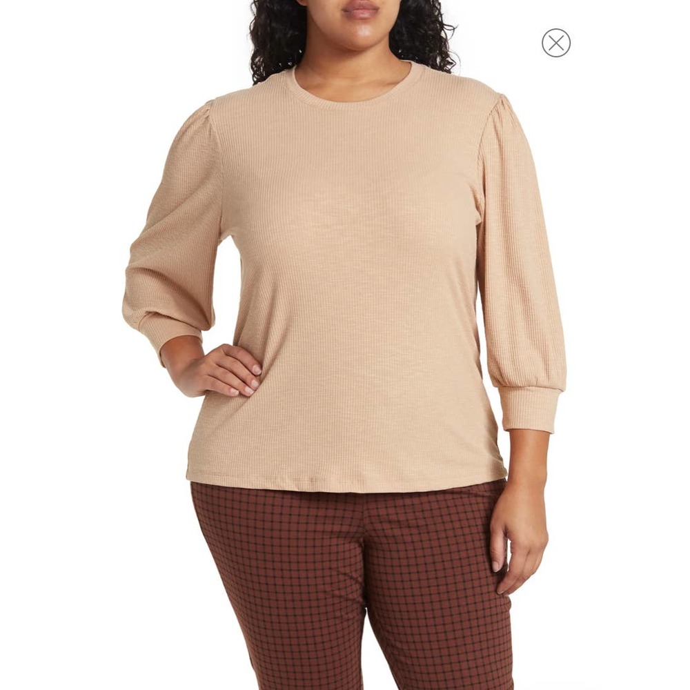 Sanctuary Womens Cashew Ribbed Shirred Puff Sleeve Tee Top Shirt (Plus) 2X NWOT